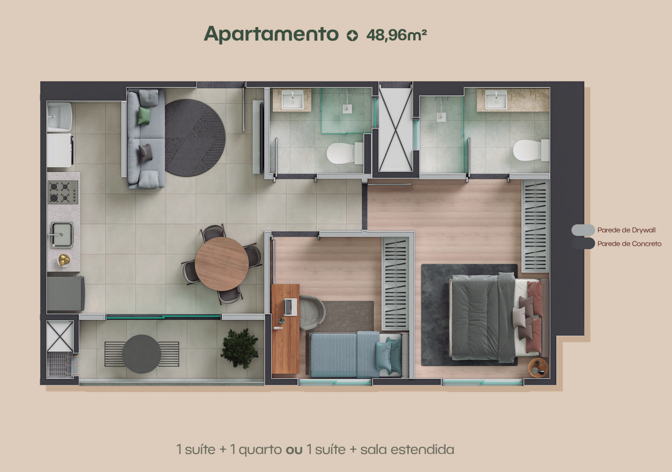 Lançamento do Lumme GRP na Zona 7 em Maringá 51 Planta de apartamento de 48m² do Lumme Maringá GRP