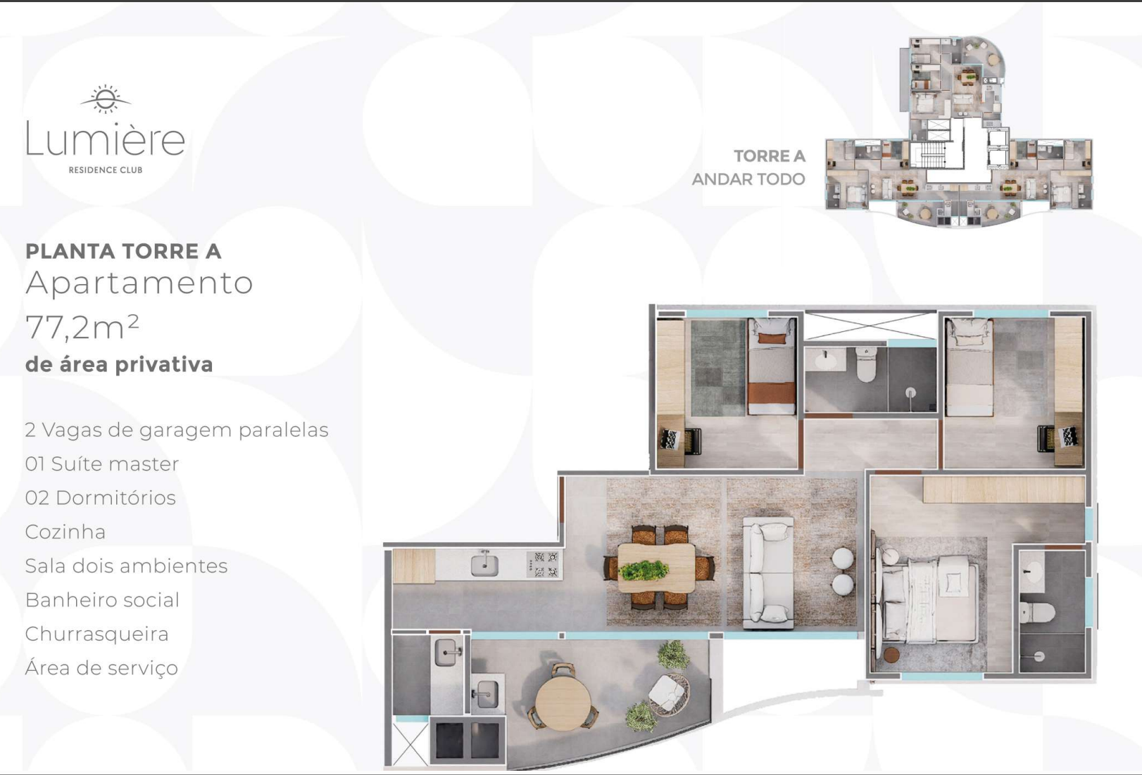 Lumière Residence Club — Apartamento na Planta em Maringá 47 A Planta Torre A (77,2 m²) tem sala de dois ambientes integrada com cozinha gourmet