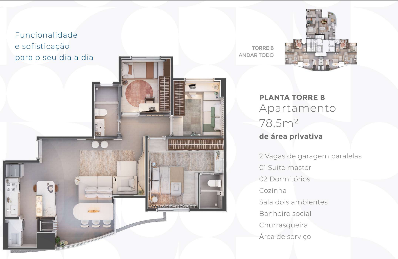 Lumière Residence Club — Apartamento na Planta em Maringá 48 A Planta Torre A (77,2 m²) tem sala de dois ambientes integrada com cozinha gourmet e varanda com churrasqueira