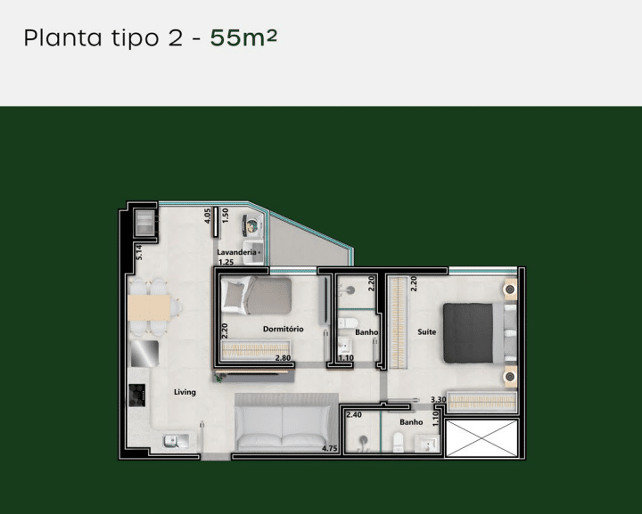 Ingá Residence Maringá: o que você precisa saber antes de comprar 8 Planta de apartamento de 55m²