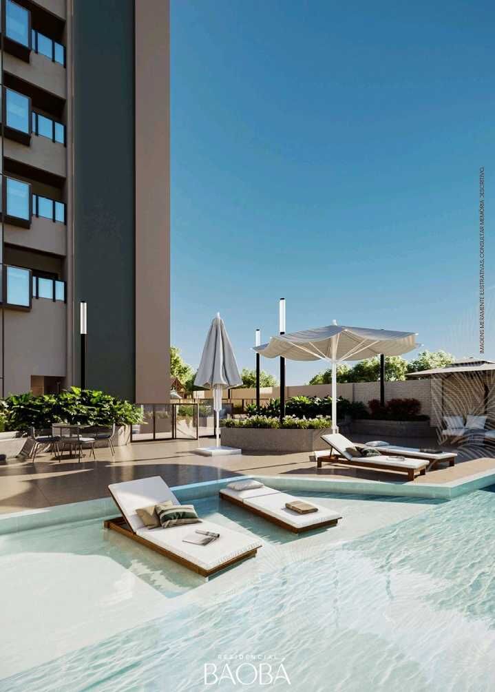 Residencial Baobá Maringá — Apartamento na Planta em Maringá 57 Área de lazer com piscina e espreguiçadeiras.