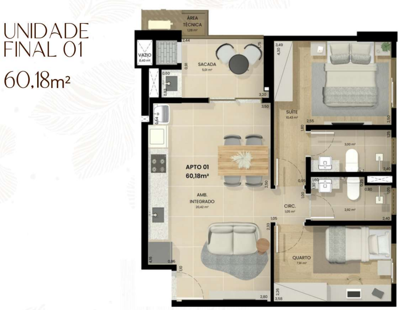 Residencial Baobá Maringá — Apartamento na Planta em Maringá 47 Planta de apartamento de 60,18m²