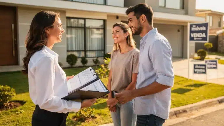 Corretor de imóveis conversando com um casal em frente a uma casa residencial, com documentos de compra e venda em uma pasta e placas de imóveis ao fundo.