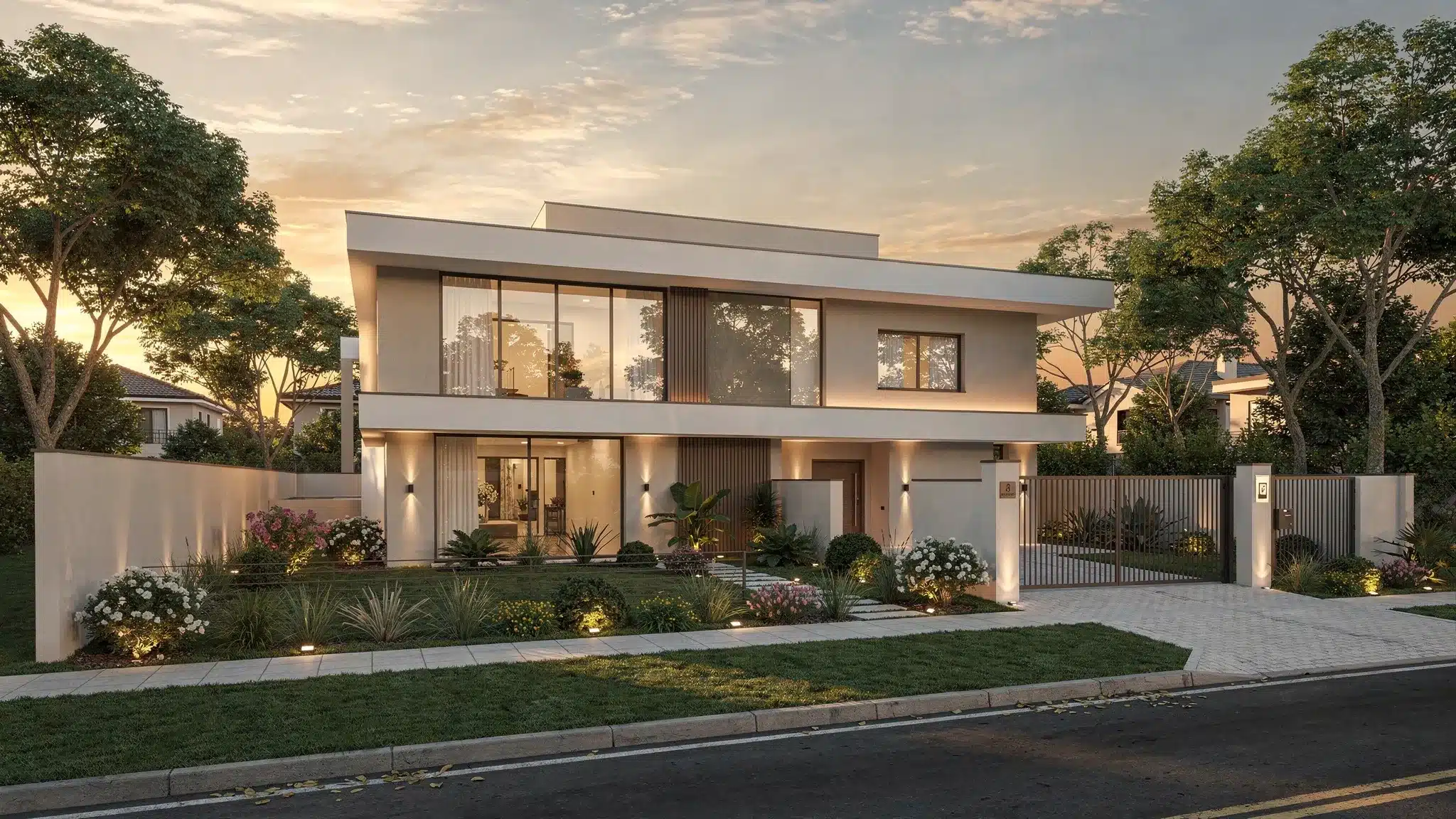 Como escolher imóveis alto padrão em Maringá 4 Residência de alto padrão em Maringá com fachada contemporânea, jardim bem cuidado, iluminação externa elegante e rua residencial arborizada ao entardecer.